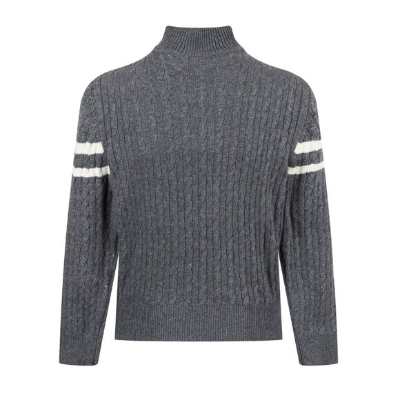 Moncler Grey Down Jacket | Wool Knit Sleeves, White Stripes, 90% White Duck Down - Picture 2 of 9